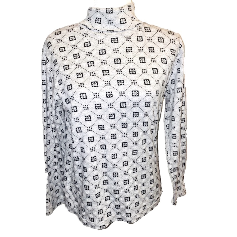 TALBOTS Snowflake Novelty Print Turtleneck Sweater Light Gray Black Size S